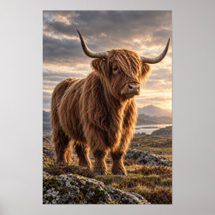 Highland-Kuh in goldenem Berglandschaft Tier W Poster