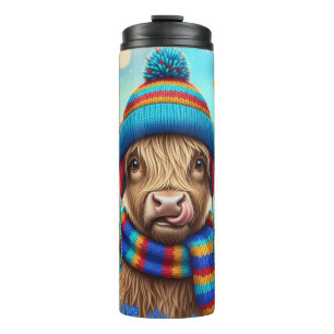 Highland-Kuh in Regenbogen-Strick Thermosbecher