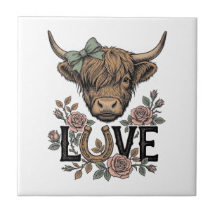 Highland-Kuh-Liebe Vintage-Blumen-Hufeisen-Kunst Fliese