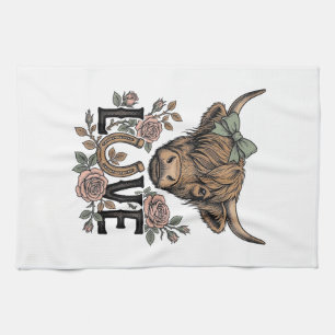 Highland-Kuh-Liebe Vintage-Blumen-Hufeisen-Kunst Geschirrtuch