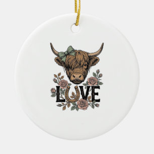 Highland-Kuh-Liebe Vintage-Blumen-Hufeisen-Kunst Keramik Ornament