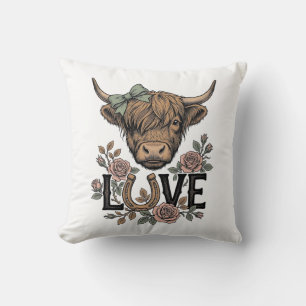 Highland-Kuh-Liebe Vintage-Blumen-Hufeisen-Kunst Kissen