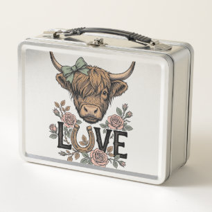 Highland-Kuh-Liebe Vintage-Blumen-Hufeisen-Kunst Metall Brotdose