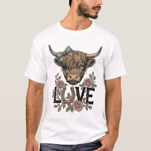 Highland-Kuh-Liebe Vintage-Blumen-Hufeisen-Kunst T-Shirt