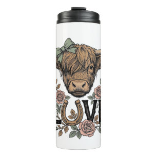 Highland-Kuh-Liebe Vintage-Blumen-Hufeisen-Kunst Thermosbecher