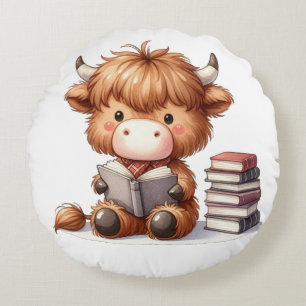 Highland-Kuh liest Bücher Rundes Kissen