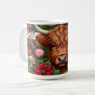 Highland-Kuh mit Feiertagsdekorationen und Süßigke Kaffeetasse