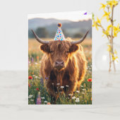 Highland-Kuh mit Geburtstagshut Karte (Gelbe Blume)