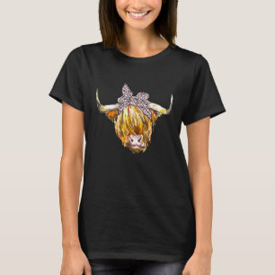 Highland-Kuh mit Leoparden-Druck-Stirnband-Heife T-Shirt