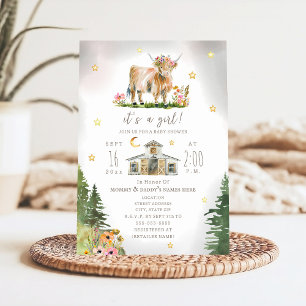 Highland-Kuh-Mond-Sterne-Blumen-Farm-Baby-Party Einladung