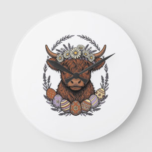 Highland-Kuh-Ostern Vintage-Blumen-Ei-Kunst Große Wanduhr