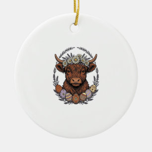 Highland-Kuh-Ostern Vintage-Blumen-Ei-Kunst Keramik Ornament