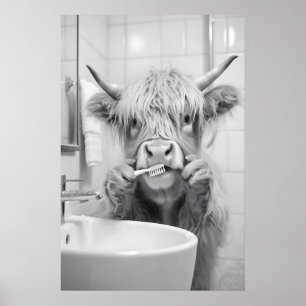 Highland-Kuh putzt Zähne Druck, Lustiges Badezimme Poster