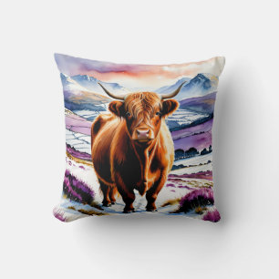 Highland-Kuh-Schnee-Wasserfarbe Individueller Text Kissen