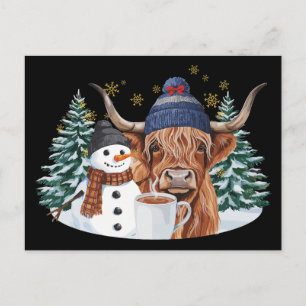 Highland-Kuh Schneemann Heiße Schokolade Weihnacht Feiertagspostkarte