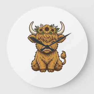 Highland-Kuh-Shirt Süße Sonnenblume Kalb Kunst Große Wanduhr