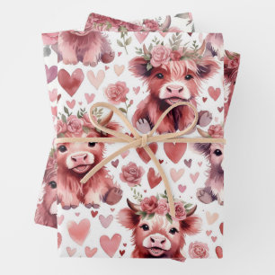 Highland-Kuh-Valentinstag-Rosa-Blumen-Aquarell Geschenkpapier Set