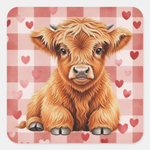 Highland-Kuh-Valentinstag Rosa Rote Herzen Quadratischer Aufkleber