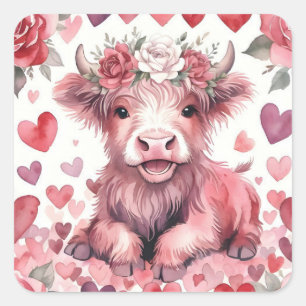Highland-Kuh Valentinstag Rosa Rote Rose Quadratischer Aufkleber