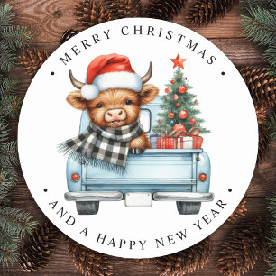 Highland-Kuh Vintage-Blau-LKW Frohe Weihnachten Runder Aufkleber