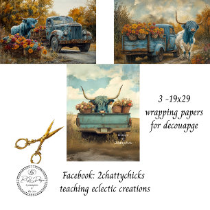 Highland Kuh Vintage LKW Blumen 3-19x29 Geschenkpapier Set