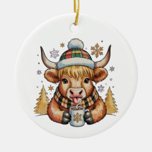 Highland-Kuh-Weihnachten Fluffig Gemütlich Süß Gol Keramik Ornament