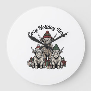 Highland-Kuh-Weihnachten-Vintage-Feiertags-Herde-K Große Wanduhr