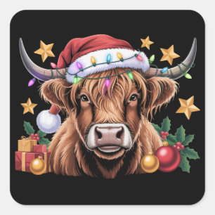 Highland-Kuh-Weihnachtsfärsen-Landwirt-Tierliebhab Quadratischer Aufkleber