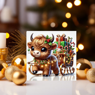 Highland-Kuh zieht Santas Schlitten Feiertagskarte