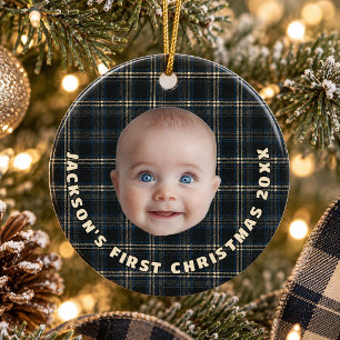 Highland Lodge Navy Karo Baby Erstes Weihnachten Keramik Ornament