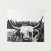 Highland Longhorn Kuh Schwarz-Weiß Rustikal Boho Wandteppich (Vorderseite (Horizontal))
