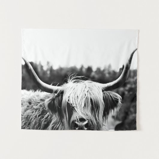 Highland Longhorn Kuh Schwarz-Weiß Rustikal Boho Wandteppich (Vorderseite (Horizontal))