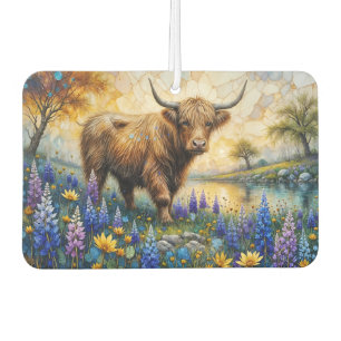 Highland/Longhorn-Mischlingskuh in florale Landsch Autolufterfrischer