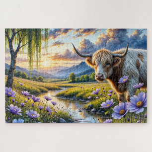 Highland/Longhorn-Mischlingskuh in floraler Landsc Puzzle
