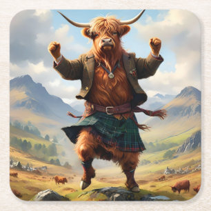 Highland-Rind beim Highland Fling tanzen, Rechteckiger Pappuntersetzer
