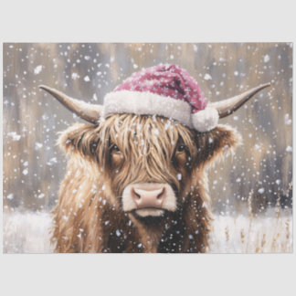 Highland-Rind im Schnee mit Weihnachtsmannmütze Seidenpapier
