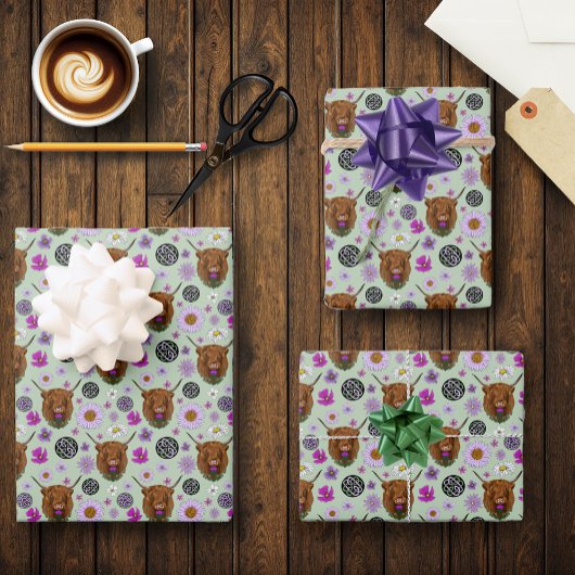 Highland Scottish Cow Lila Celtic Knot Work Geschenkpapier Set