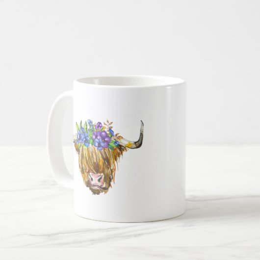 Highland Scottish Cow mit Blume Watercolor Kaffeetasse (Vorderseite Links)