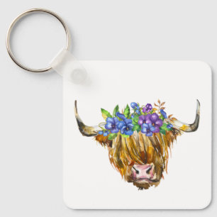 Highland Scottish Cow mit Blume Watercolor Schlüsselanhänger