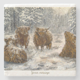 Highland-Seele: Whimsical Schnee Kühe Vintage Steinuntersetzer