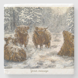 Highland-Seele: Whimsical Schnee Kühe Vintage Steinuntersetzer