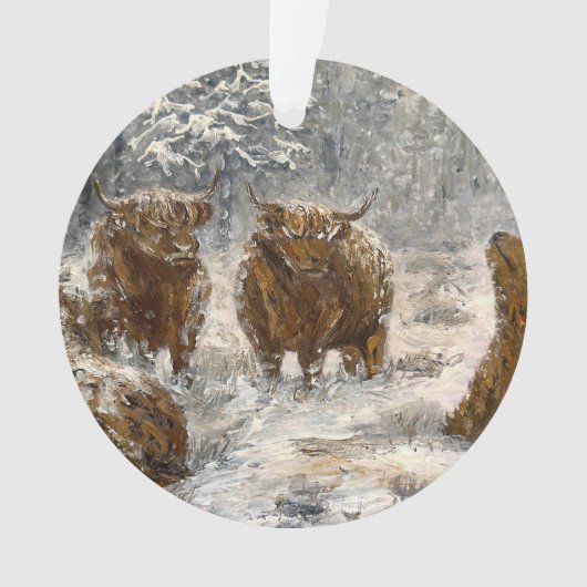 Highland Soul: Whimsical Snowy Cows Vintage Ornament (Vorderseite)