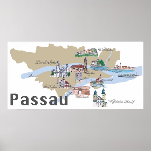 Highlights-Karte Passau Deutschland Poster (Vorne)