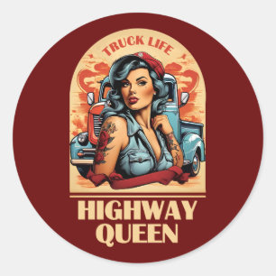 Highway Queen Vintag Illustration - Trucking Girl Runder Aufkleber