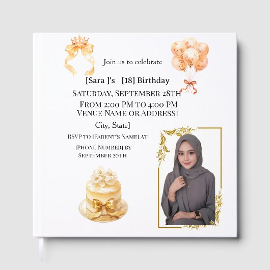 Hijabi 18th Birthday Photo Guest Book | Gold & Flo Gästebuch (Vorderseite)