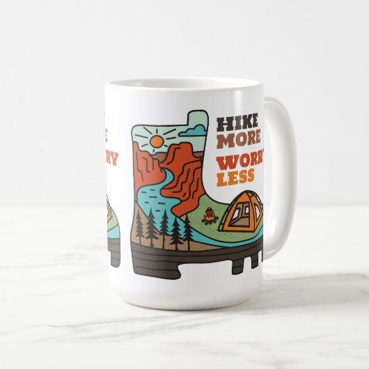 Hike More Worry Less Funny Camping Mug Kaffeetasse (VorderseiteRechts)