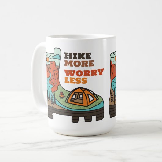Hike More Worry Less Funny Camping Mug Kaffeetasse (Vorderseite Links)