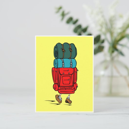 Hiker Backpacker mit riesigem Rucksack Postkarte (Stehend Vorderseite)