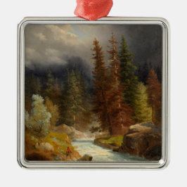 Hiker neben einem Torrential River Ornament Aus Metall