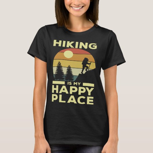 Hiking is My Happy Place Retro Sunset Mountain Cli T-Shirt (Vorderseite)